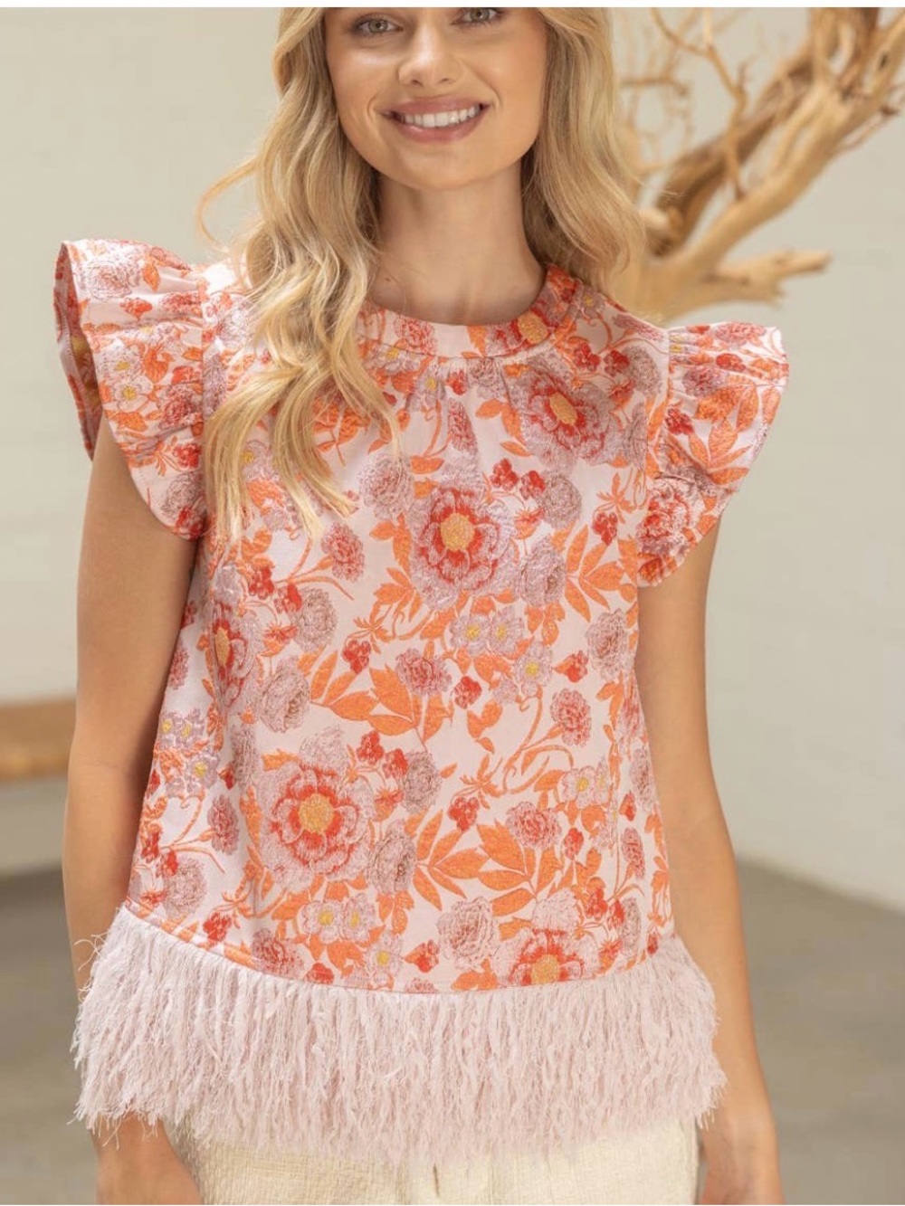 Floral Flutter Sleeve Feather-Trim Top - Pink Orange
